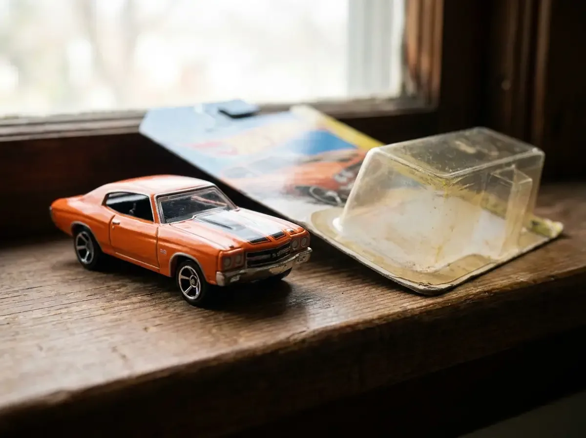 Close-up of a 1:64 scale die-cast Chevrolet Chevelle SS toy car next to its original blister-pack packaging