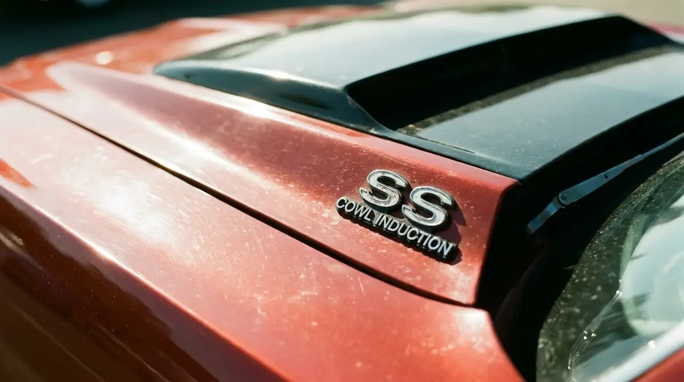 1970 Chevrolet Chevelle SS454 — hood scoop and badge close-up