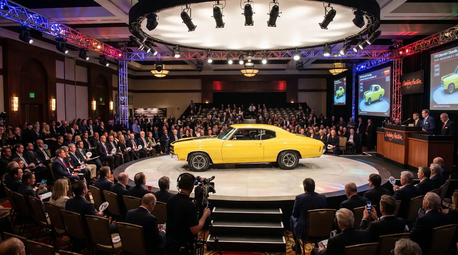 Yellow classic muscle coupe under spotlights on a collector car auction stage with bidders