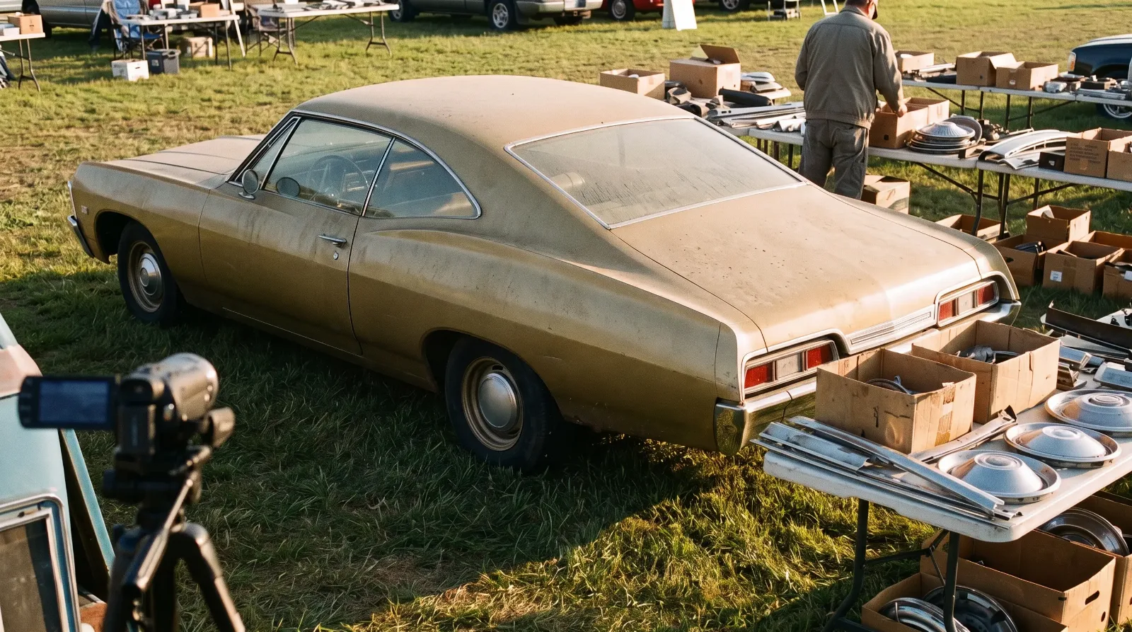 A creator's camera filming at a swap meet with a 1967 Chevrolet Impala Sport Coupe