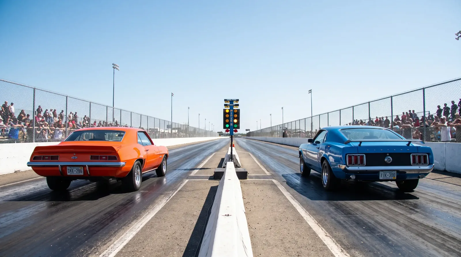 Two classic muscle cars staged at a drag strip with the amber-lit Christmas Tree between the lanes