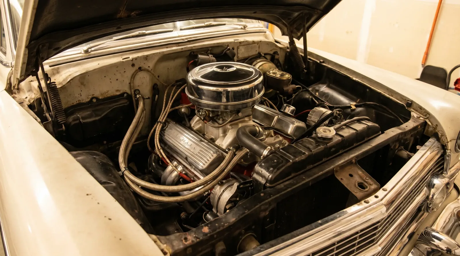 Chrysler Hemi V8 engine bay in a 1950s luxury sedan