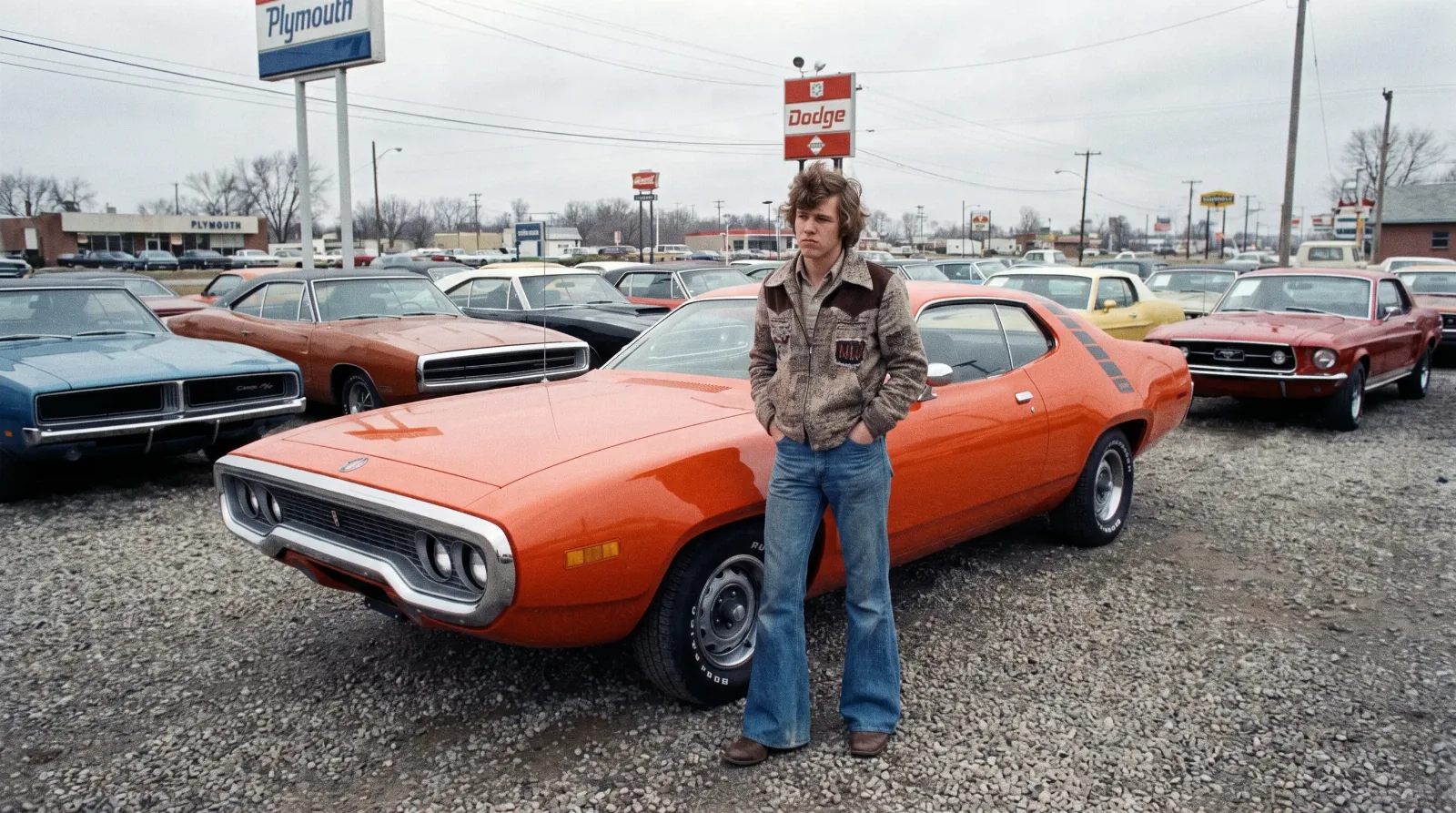 Young man beside an orange Plymouth Road Runner on a 1970 dealership lot