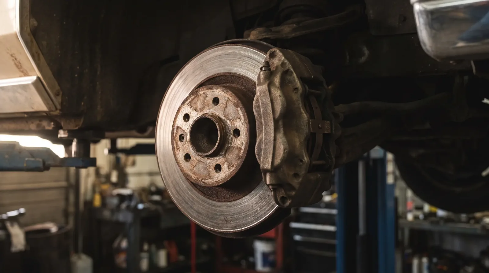 Front disc brake and caliper on a 1970s land yacht