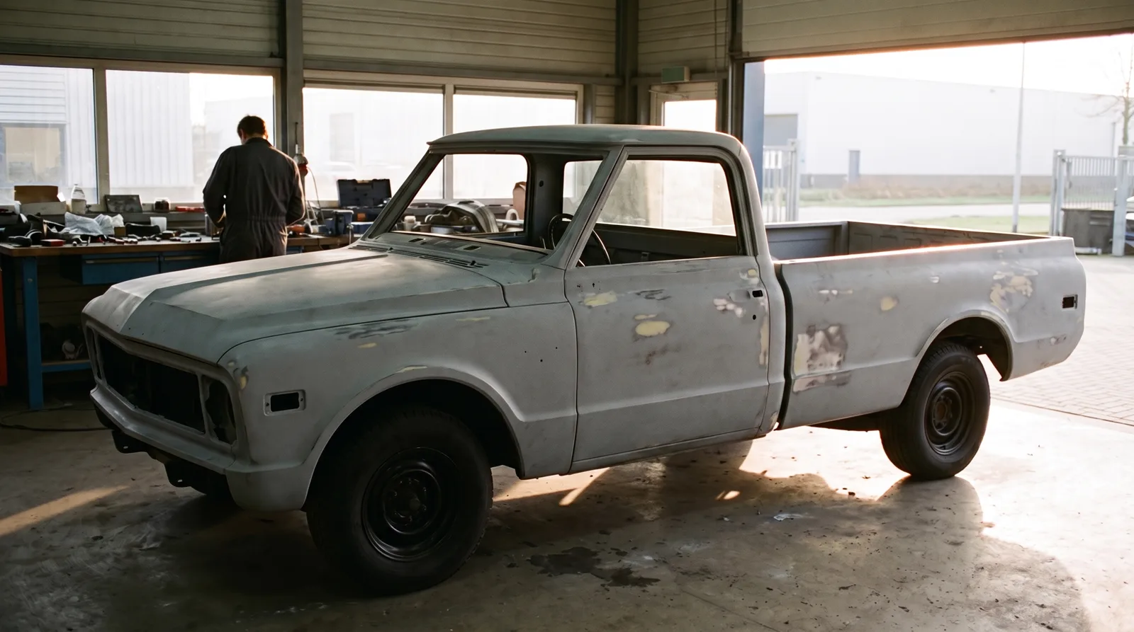 1968 Chevrolet C10, in primer mid-restoration, workshop