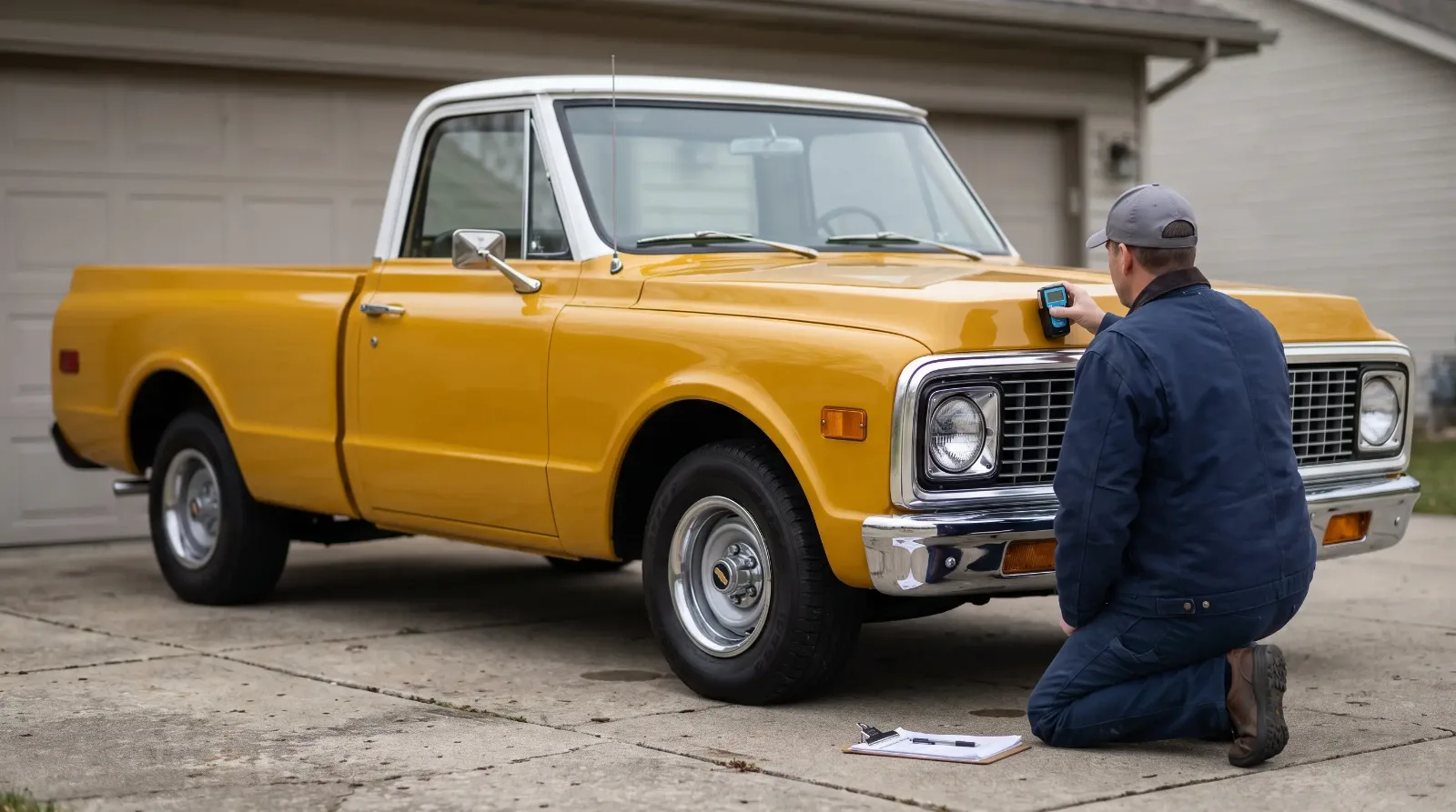 Appraiser checks paint thickness on the fender of a yellow 1972 Chevrolet C10 pickup