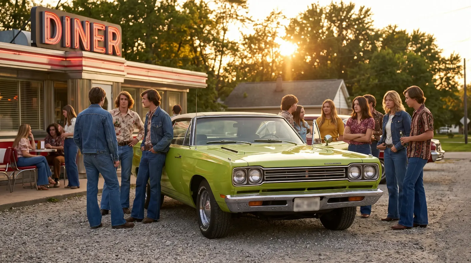1969 Plymouth Road Runner lime green parked at a small-town drive-in diner