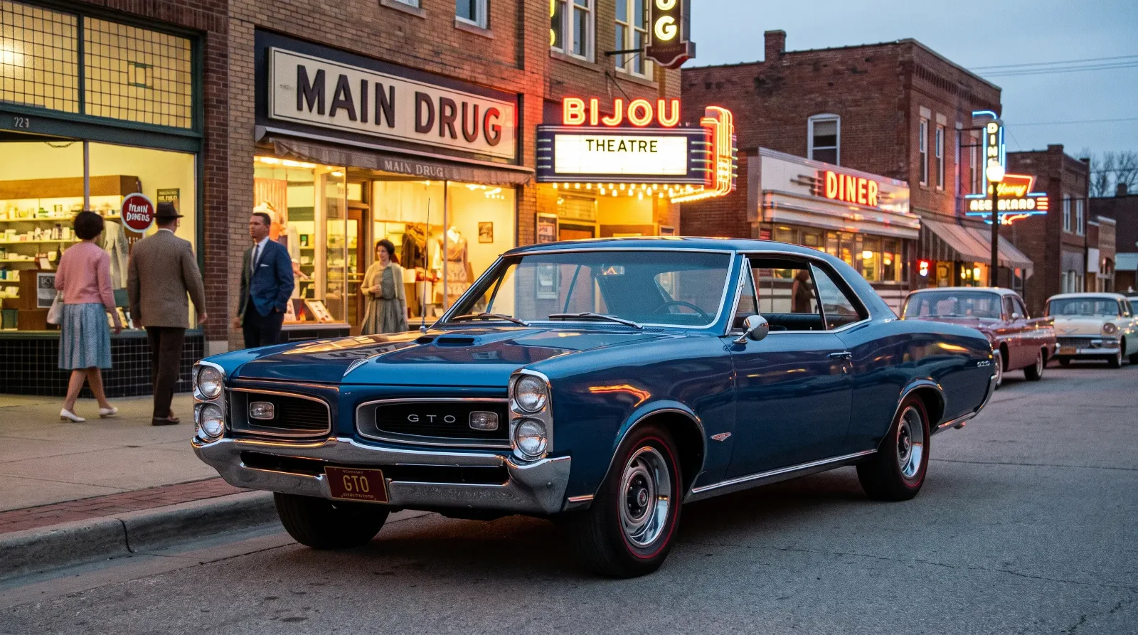 Deep blue 1966 Pontiac GTO hardtop parked on a mid-1960s American main street at dusk
