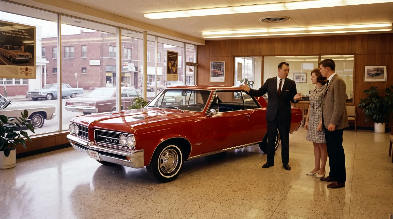 1964 Pontiac GTO red in a period American car dealership showroom