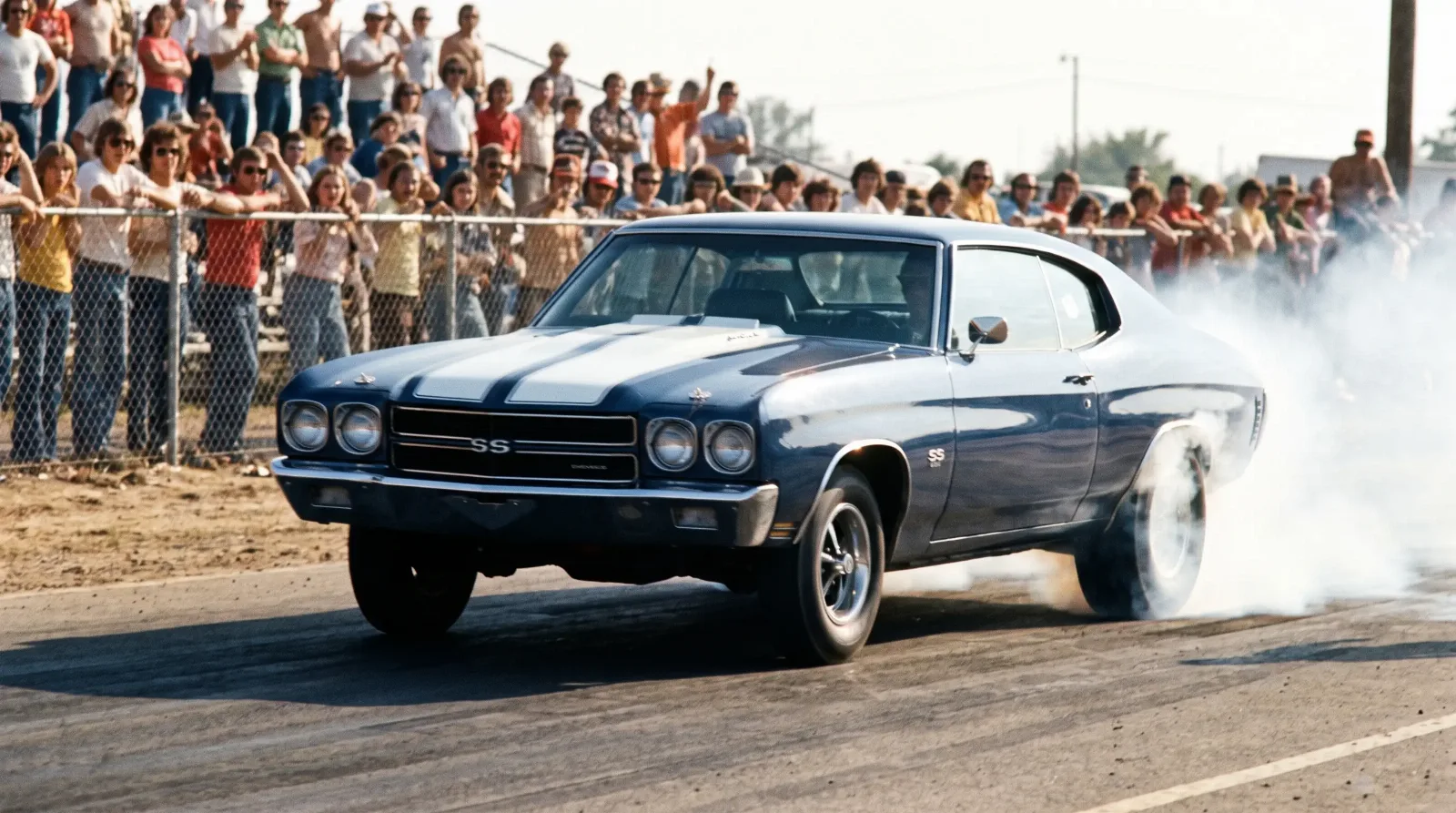 1970 Chevrolet Chevelle SS 454 launching off the line at a vintage drag strip
