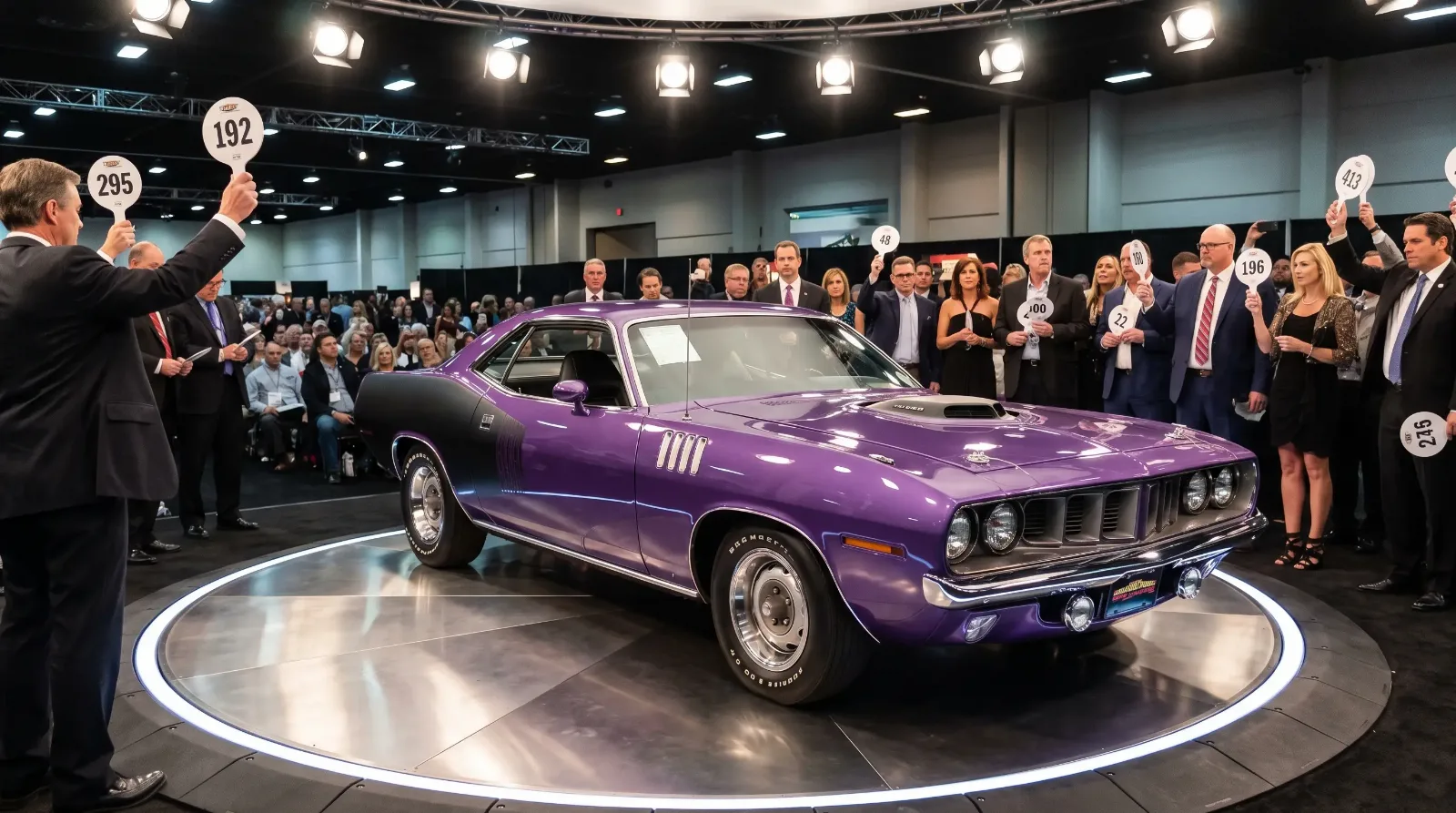 1971 Plymouth Hemi Cuda plum purple on an auction stage under spotlights