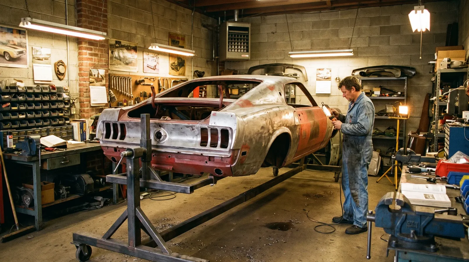 1969 Ford Mustang Mach 1 body shell on a rotisserie in a restoration shop