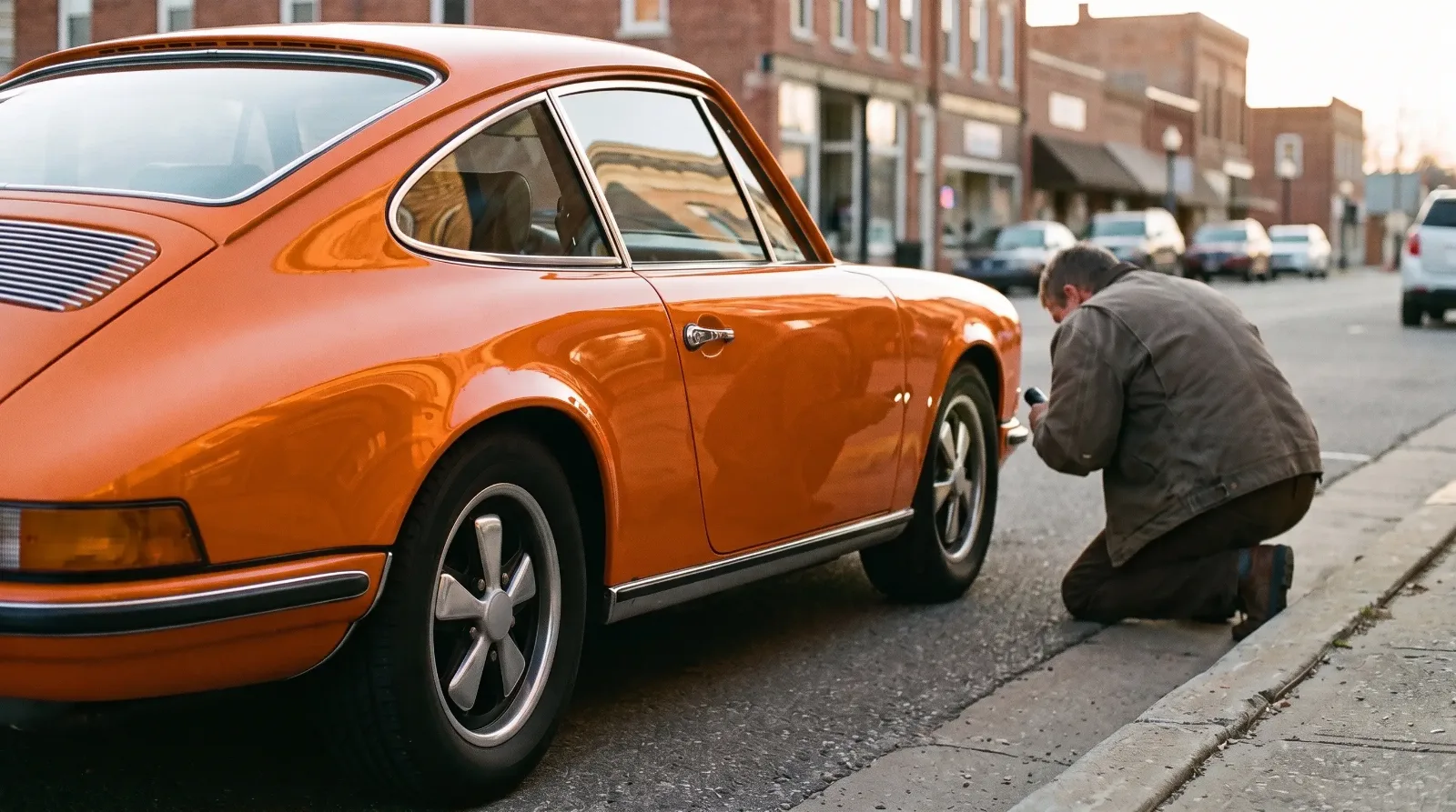 Pre-purchase inspection on a small-town main street with a 1973 Porsche 911 T