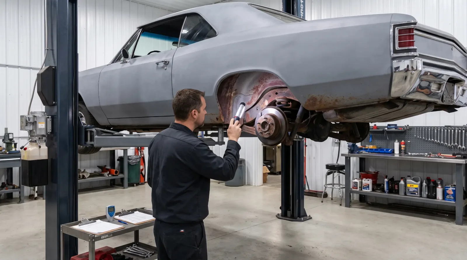 Inspector shining a flashlight on rust around the rear wheel well and lower quarter of a 1960s classic coupe on a two-post lift, with a paint thickness gauge and report on the cart
