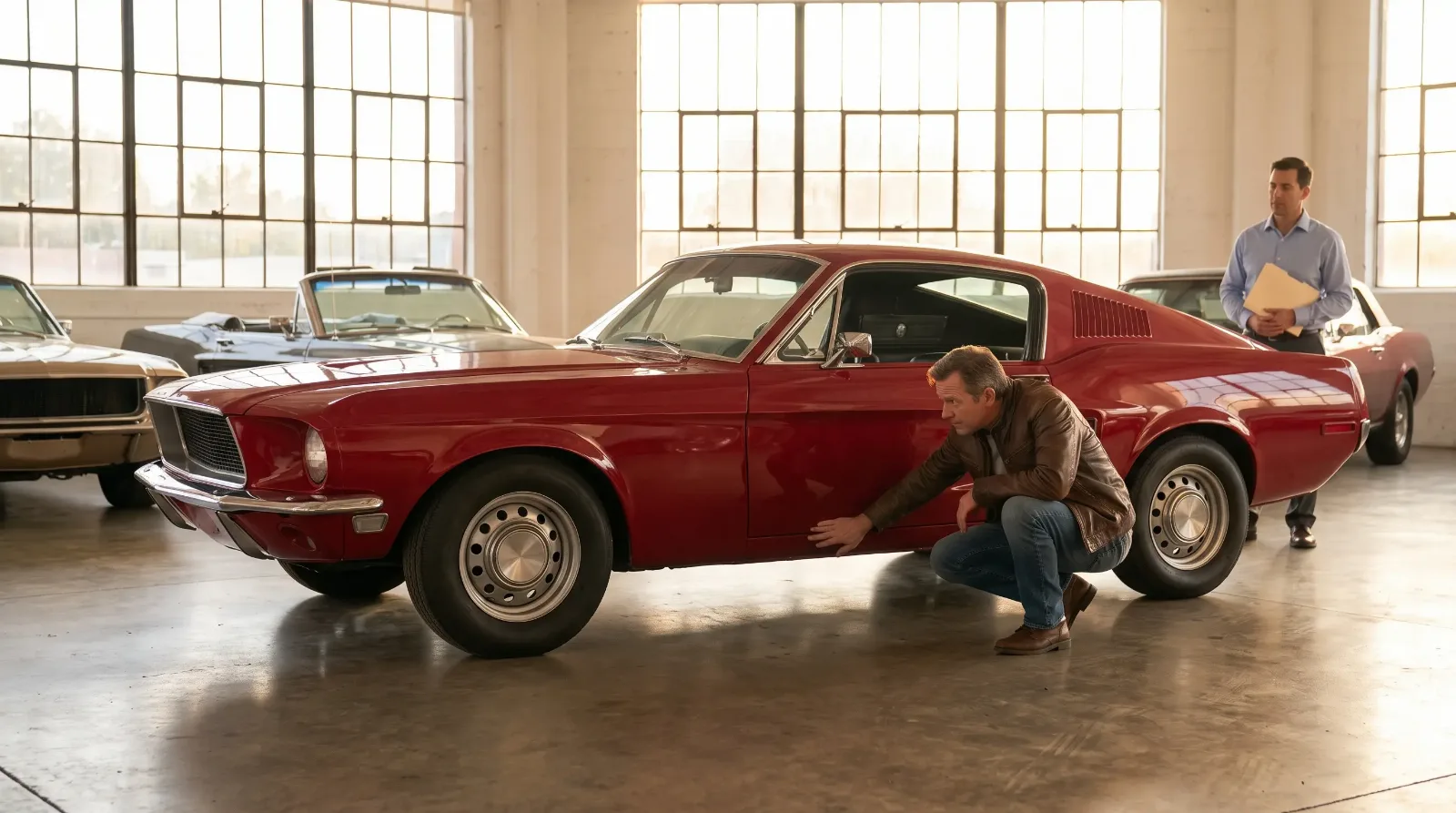 Buyer crouching to check the lower door and rocker of a red late-1960s fastback in a classic car dealer showroom while the salesperson waits with the paperwork