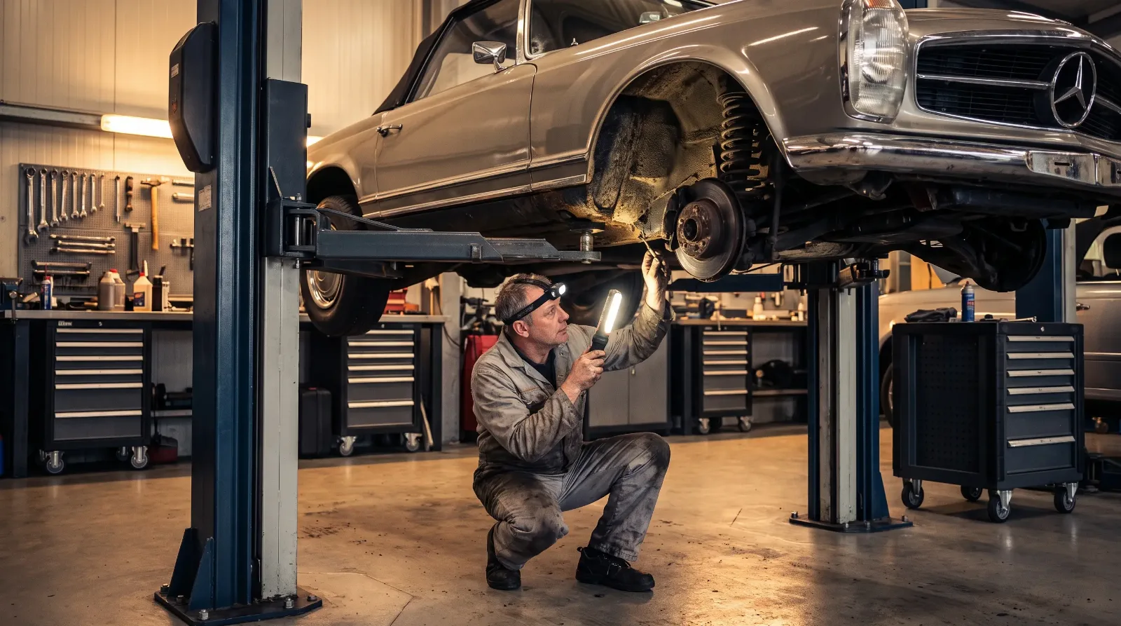 Specialist inspecting a classic luxury car on a workshop lift