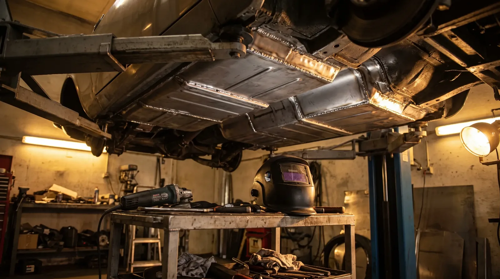 Freshly welded floor pan patch panels on the underside of a bare-metal classic coupe in a restoration shop