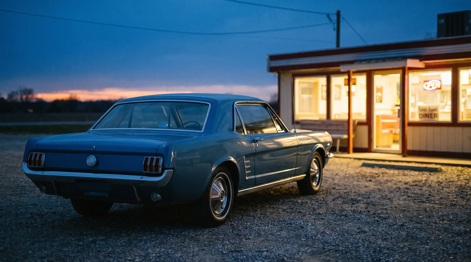 1966 Ford Mustang hardtop, outside a diner at dusk