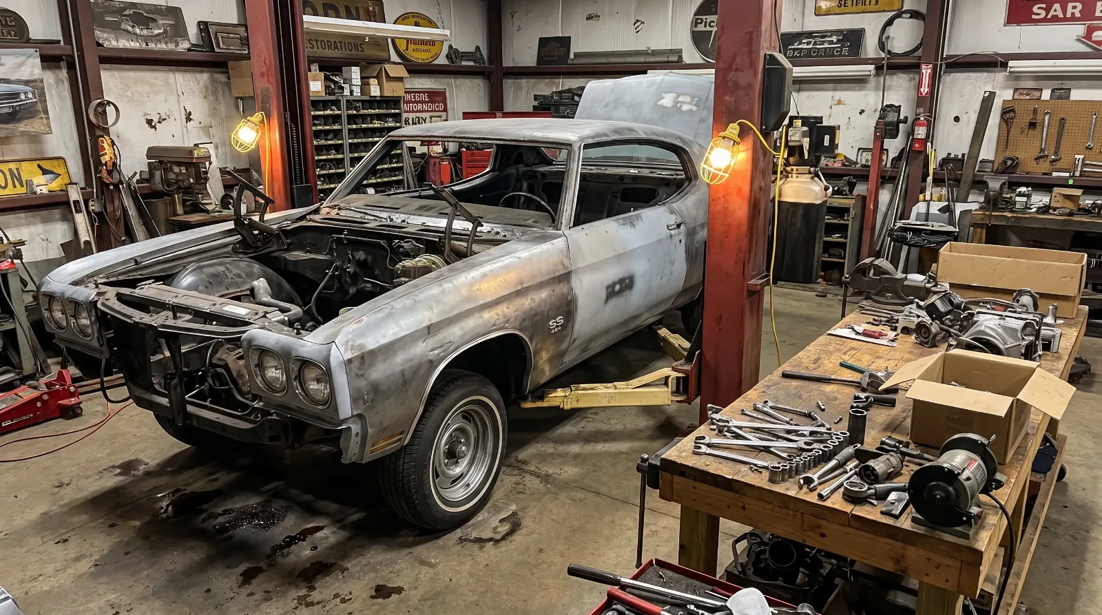 1970 Chevrolet Chevelle SS 454 raised on a lift during a restoration in a workshop