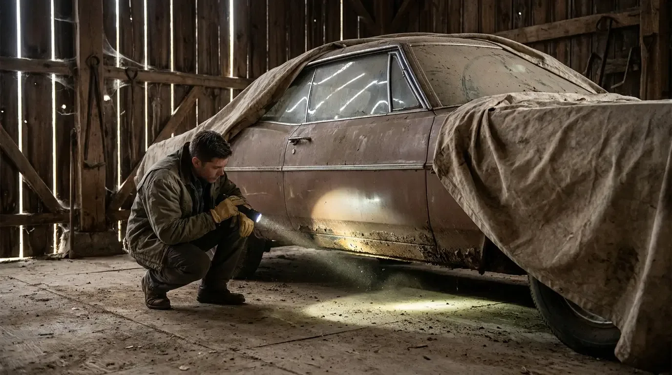 A person crouched with a flashlight inspecting the rocker panel and dusty underside of a barn-find classic car inside an old wooden barn