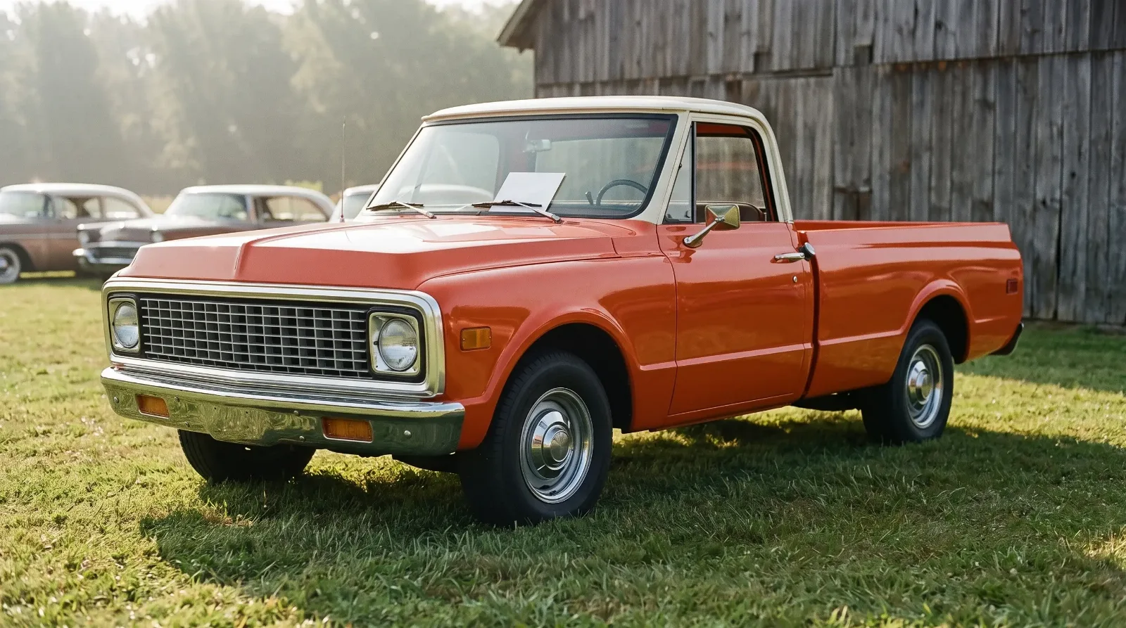 Pickup for sale beside a barn at a country car show with a 1972 Chevrolet C10