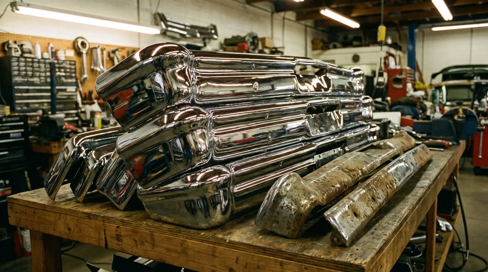 Freshly plated chrome bumpers and trim beside pitted original pieces on a restoration shop workbench