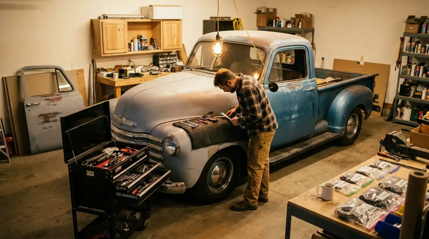 A classic pickup truck partway through restoration in a warm home garage, with a person working on it surrounded by tools and organized parts
