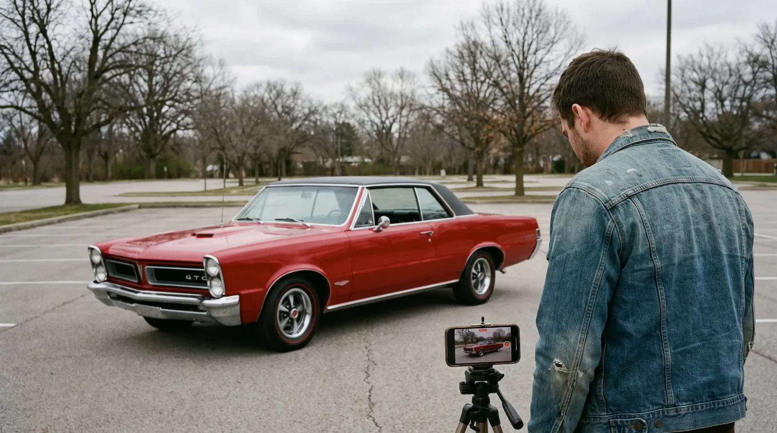 Seller photographing a red 1965 Pontiac GTO with a phone on a tripod in overcast light