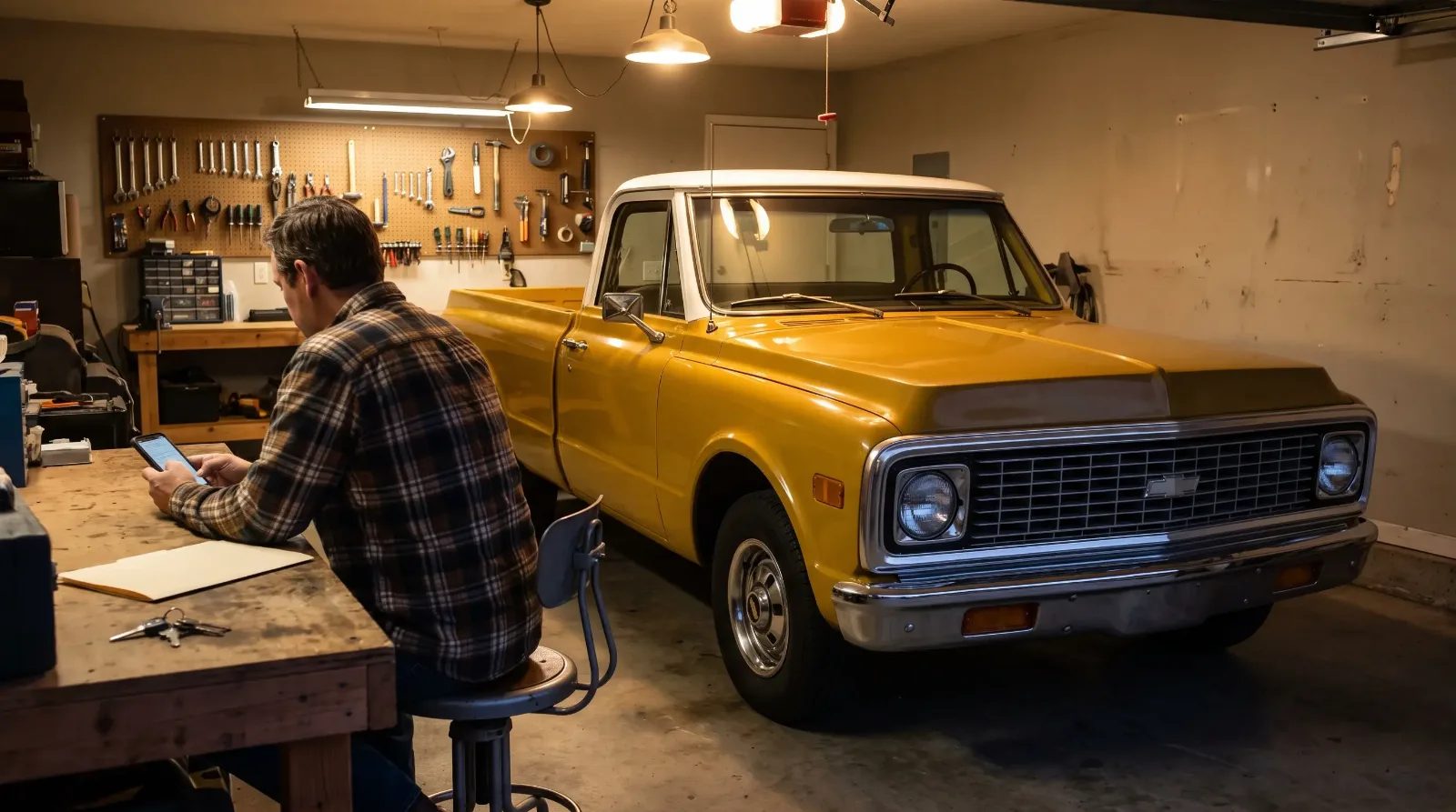 Seller answering a buyer message in his garage beside a yellow 1972 Chevrolet C10