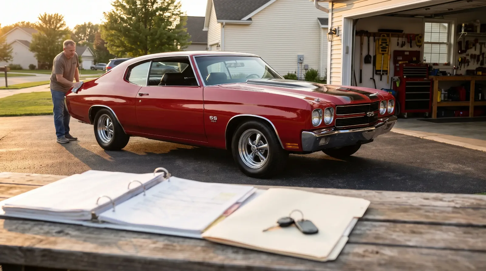 Owner polishing a red 1970 Chevelle SS 454 beside a service-records binder and keys