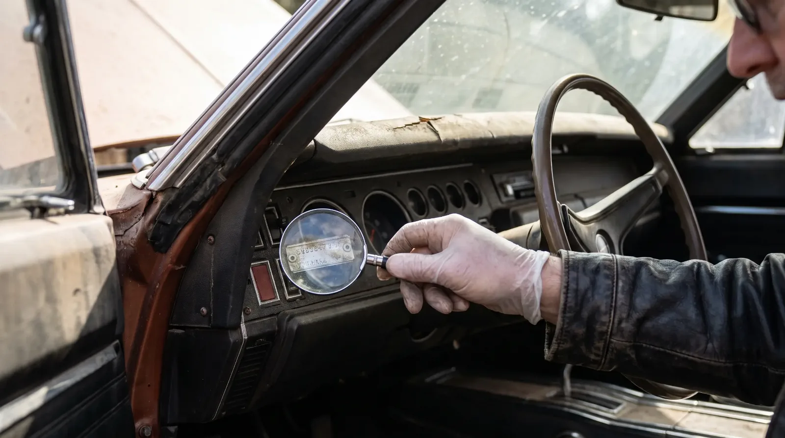 Inspector examining the VIN plate on a 1969 Dodge Charger dashboard with a magnifier