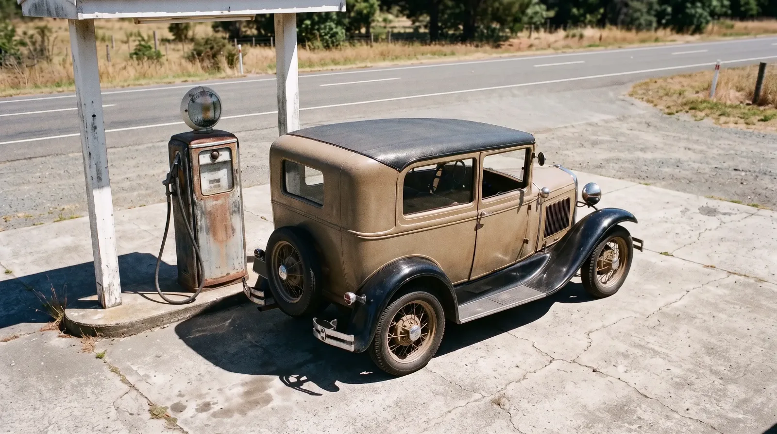 Back-road fuel stop at a rural gas station with a 1930 Ford Model A Tudor