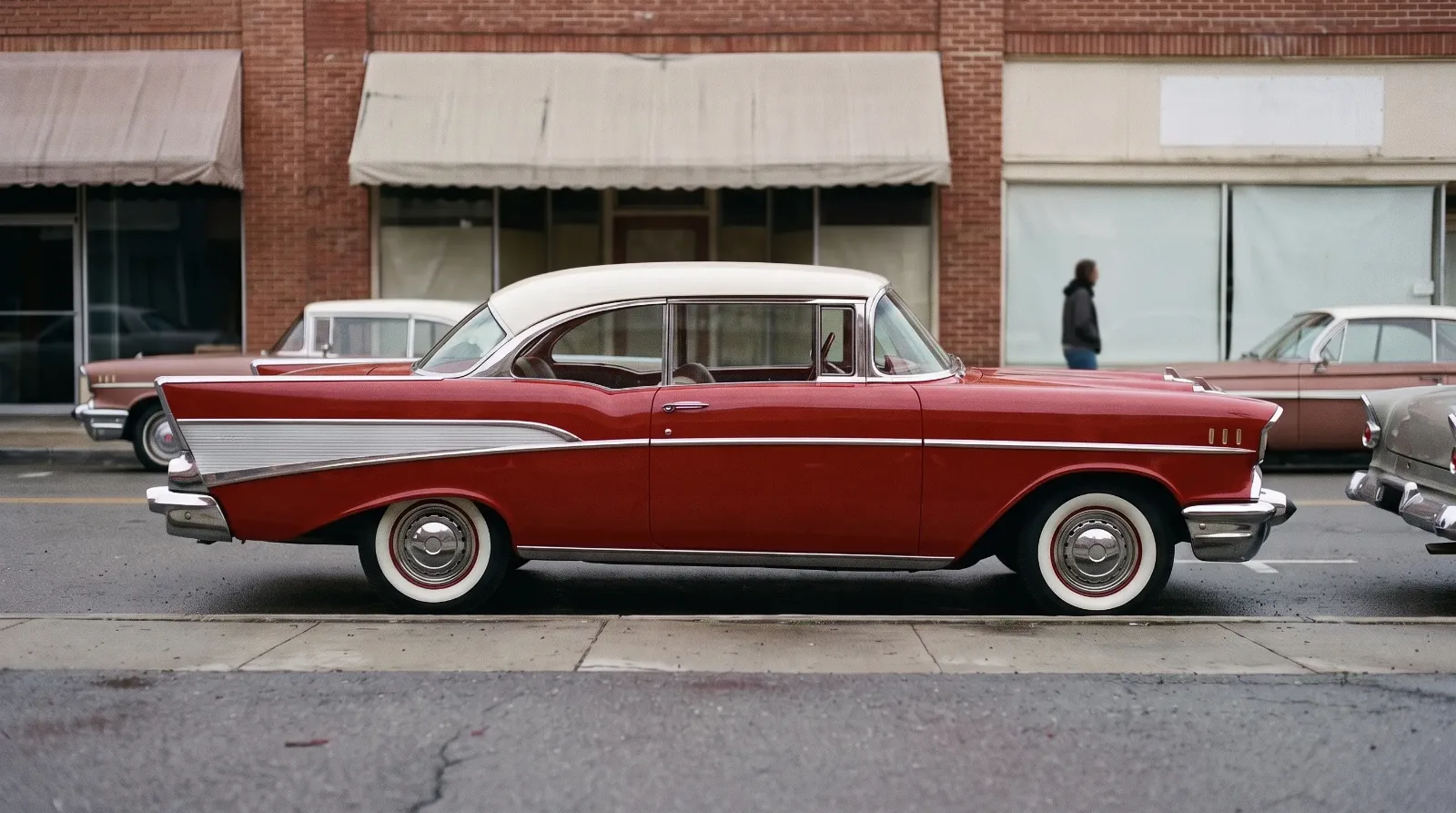 Cruise night parking on a small-town main street with a 1957 Chevrolet Bel Air