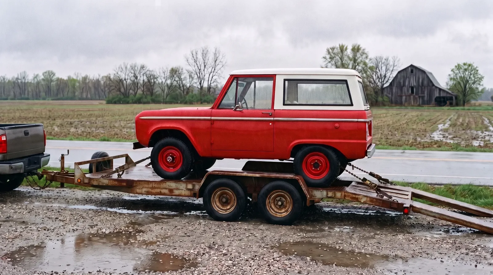An open car trailer on a rainy highway shoulder with a 1968 Ford Bronco