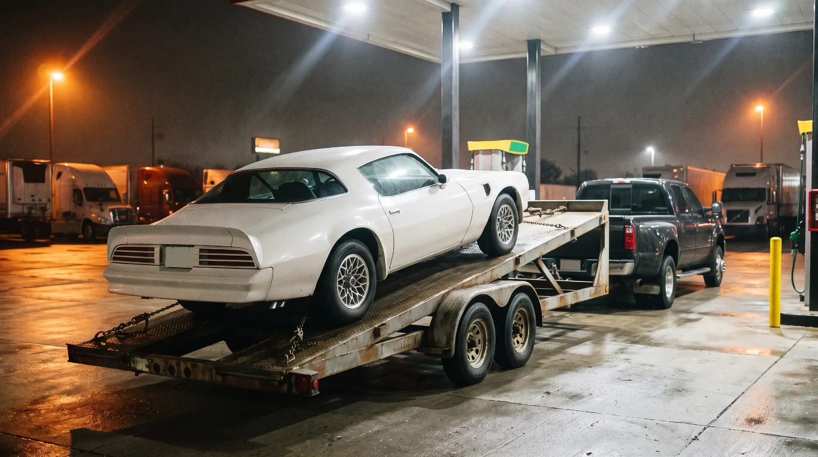 A pickup and car trailer at a truck stop at night with a 1977 Pontiac Firebird Trans Am