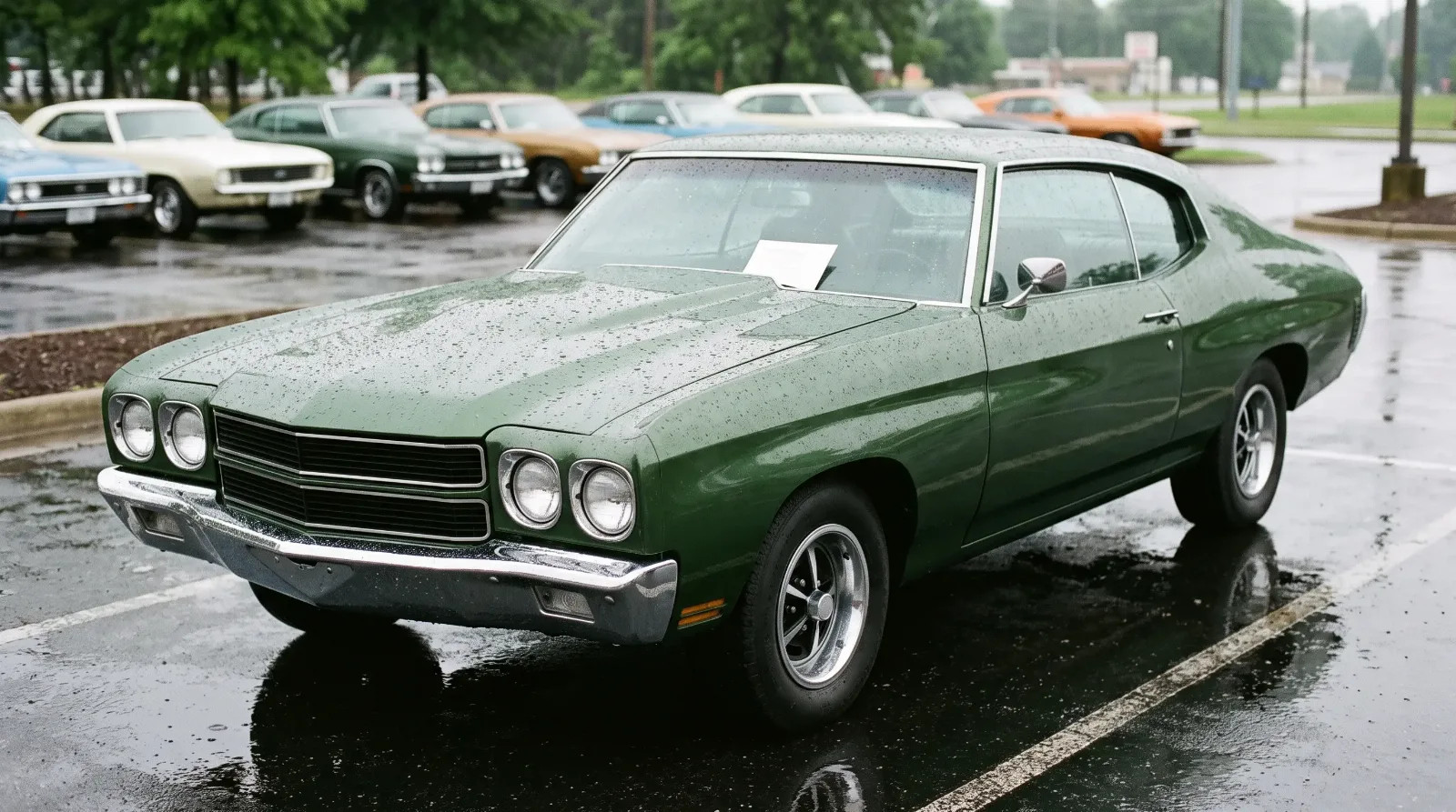 Rain-soaked show lot on the morning of a car show with a 1970 Chevrolet Chevelle SS