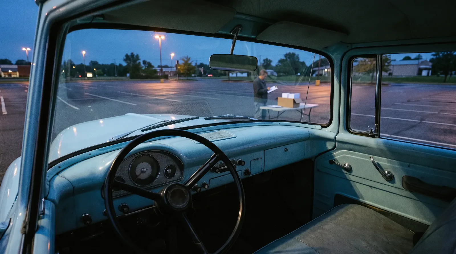 Empty parking lot before a car show at dawn with a 1956 Ford F-100