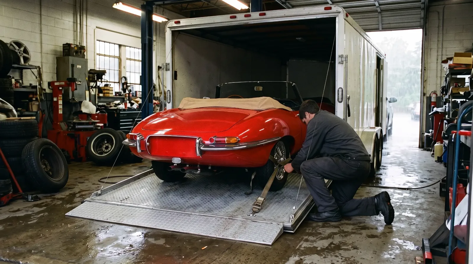 Strapping a wheel inside an enclosed trailer in a rainy workshop with a 1963 Jaguar E-Type