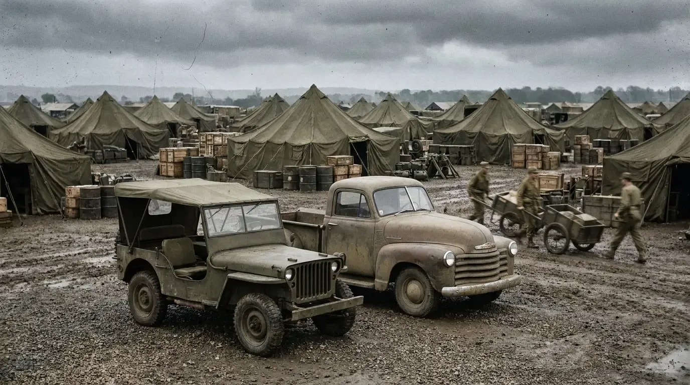 WWII-era olive-drab military 4x4 light utility truck and a wartime civilian pickup parked at a period military supply depot, archival desaturated tones