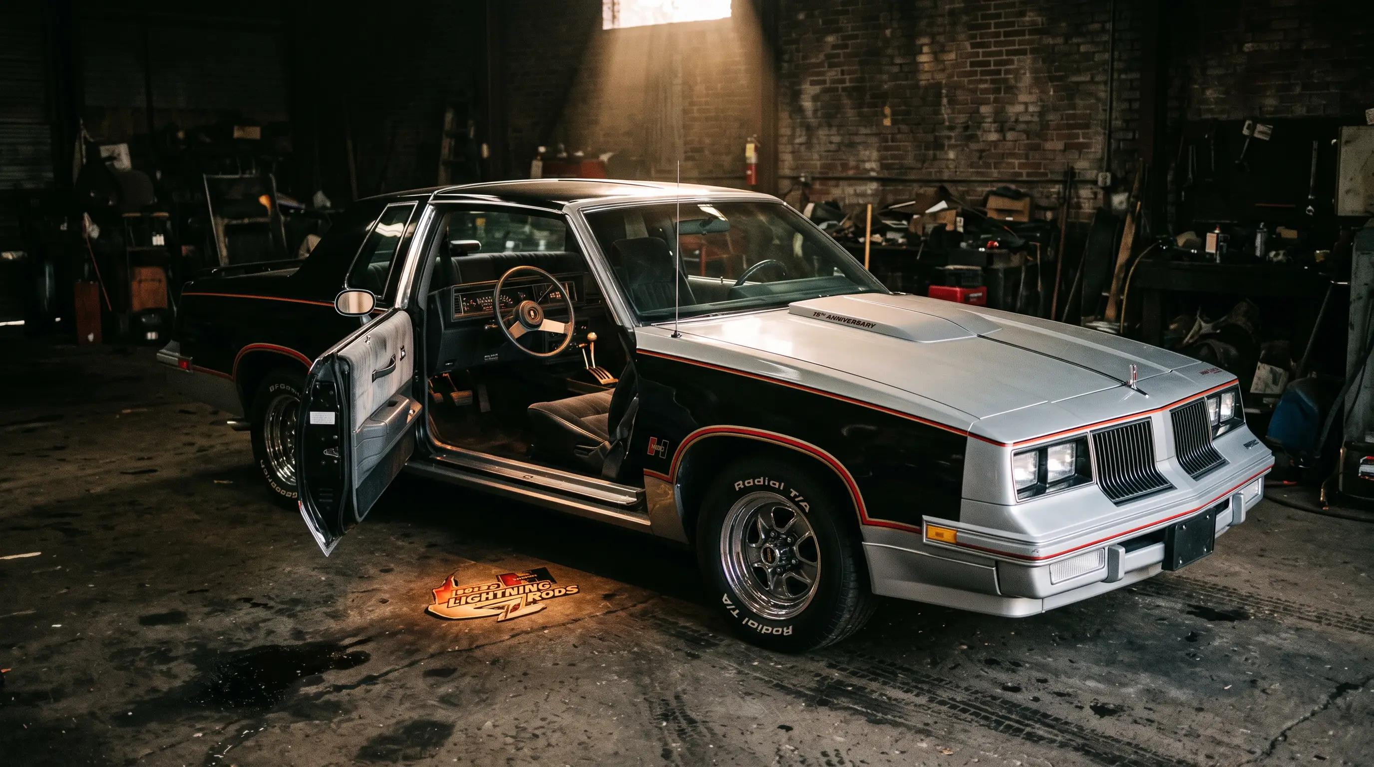 1983 Hurst Olds Cutlass Calais with Lightning Rod shifter graphics in a dim garage