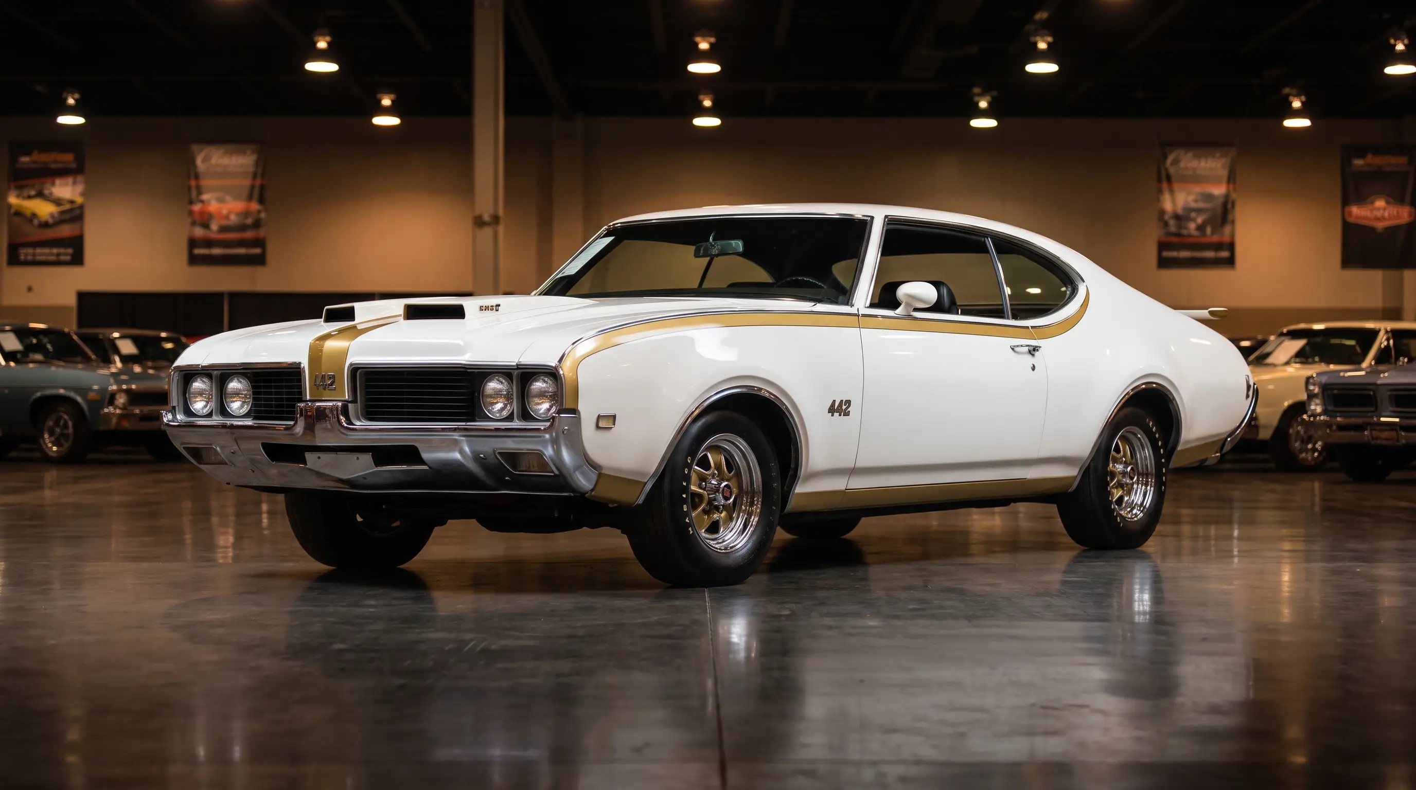 White 1969 Hurst Olds Cutlass with gold stripes on an auction floor