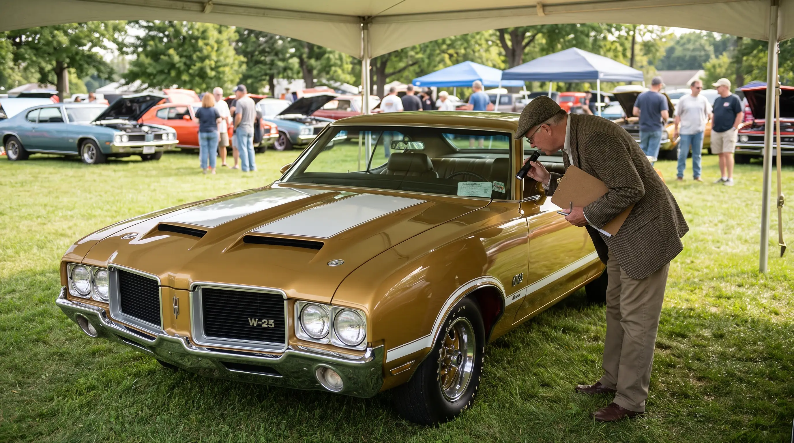 Gold 1970 Hurst Olds Cutlass being examined at a classic car appraisal event