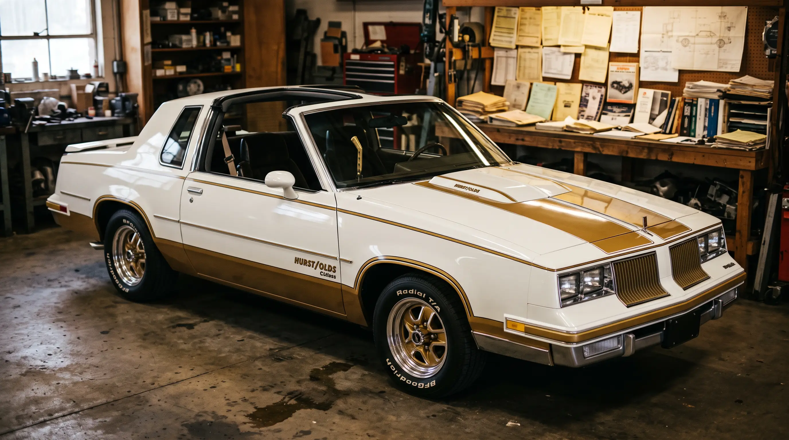 1984 Hurst Olds Cutlass Calais in white and gold in an archive garage