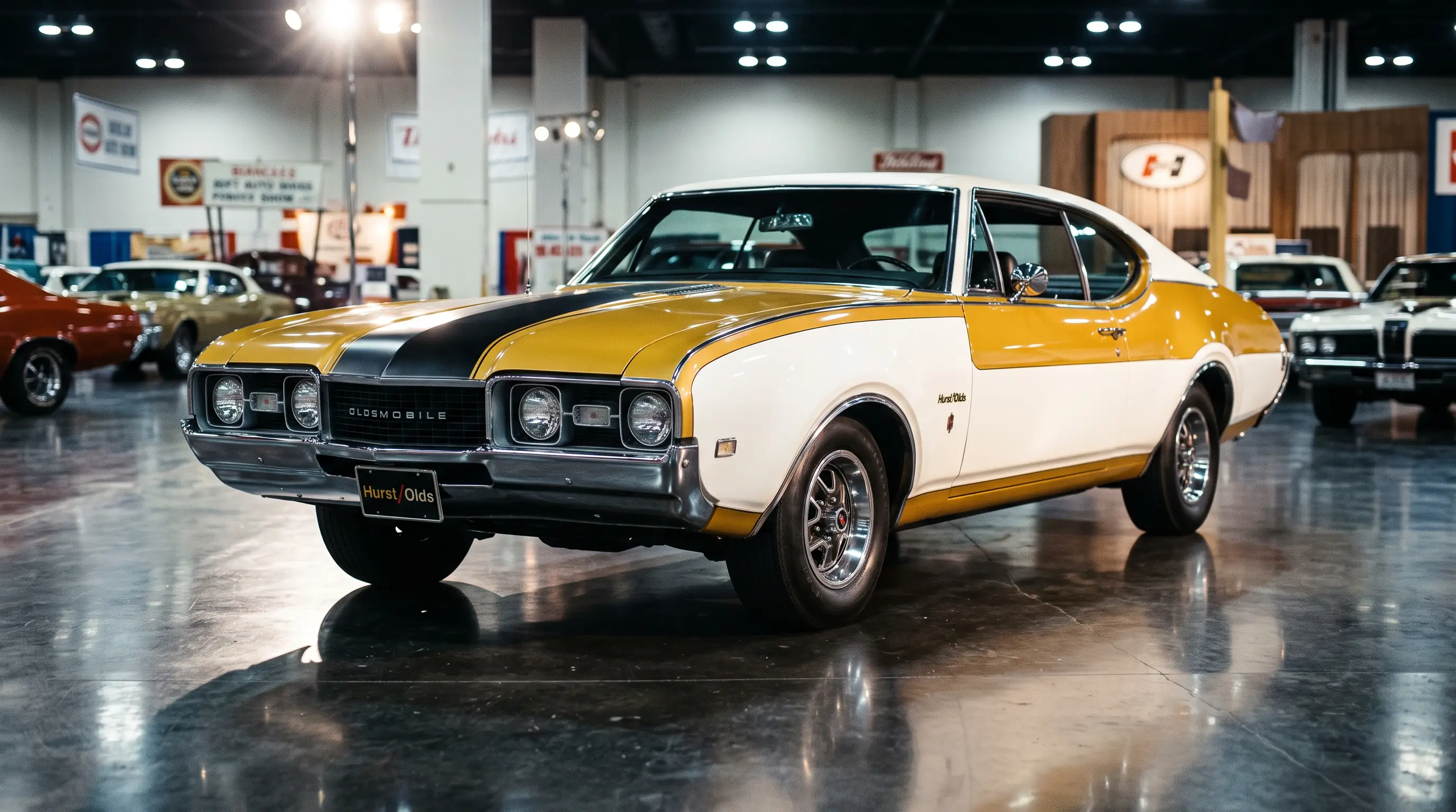 Gold and white Hurst Olds exhibition show car under bright spotlights at a 1960s auto show