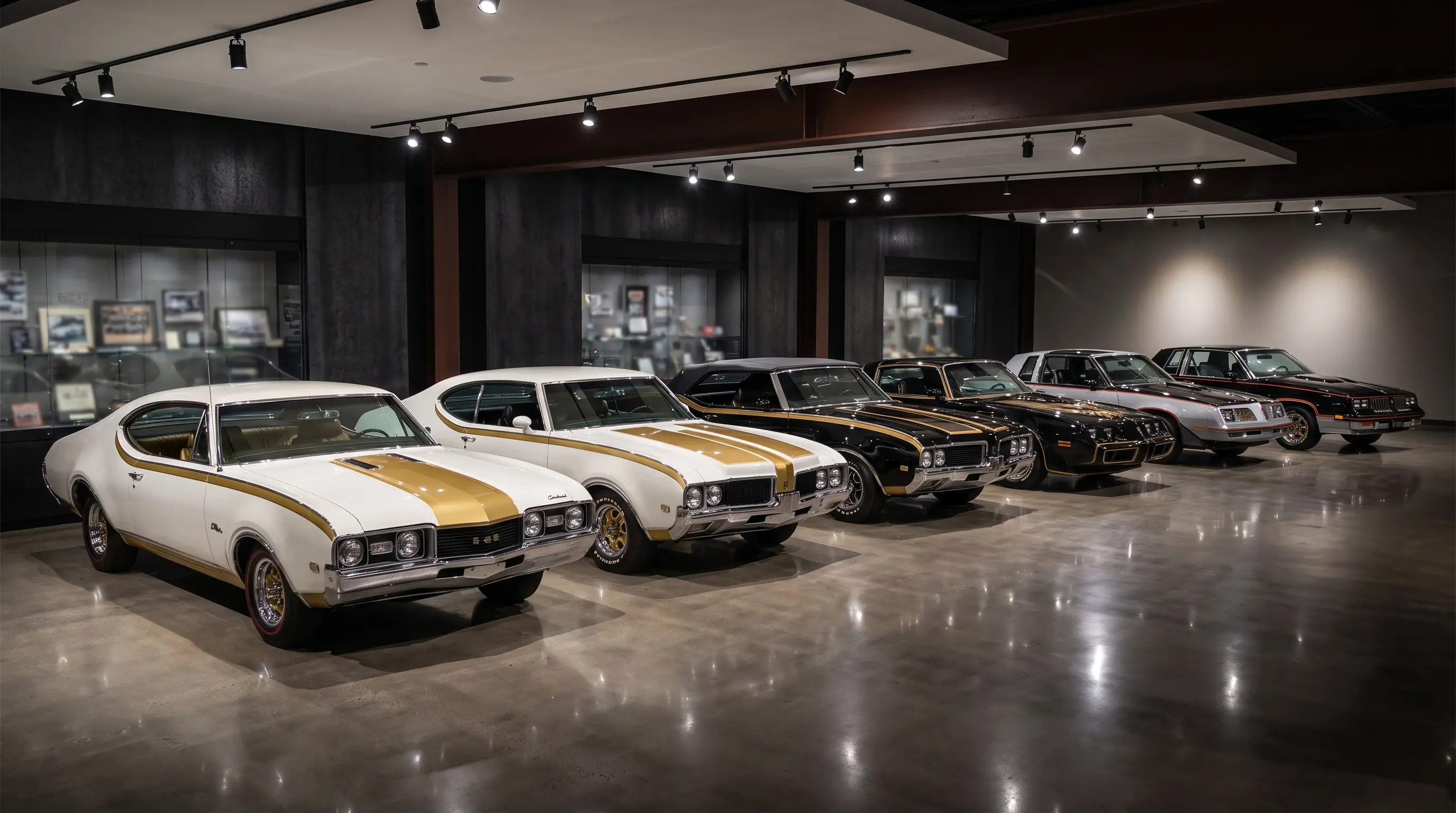 Lineup of Hurst Olds Cutlass models from different years at a museum style display