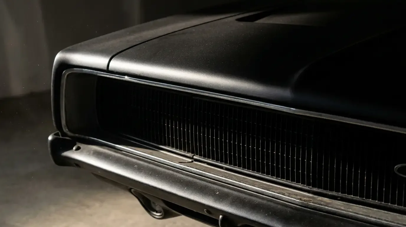 Front-end detail of a black 1968 Dodge Charger with its recessed hidden-headlight grille emerging from shadow