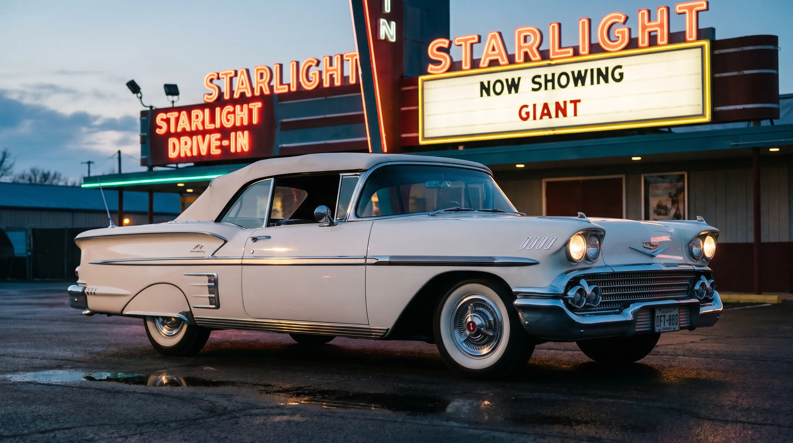White 1958 Chevrolet Impala convertible glowing under a neon drive in theater marquee at dusk