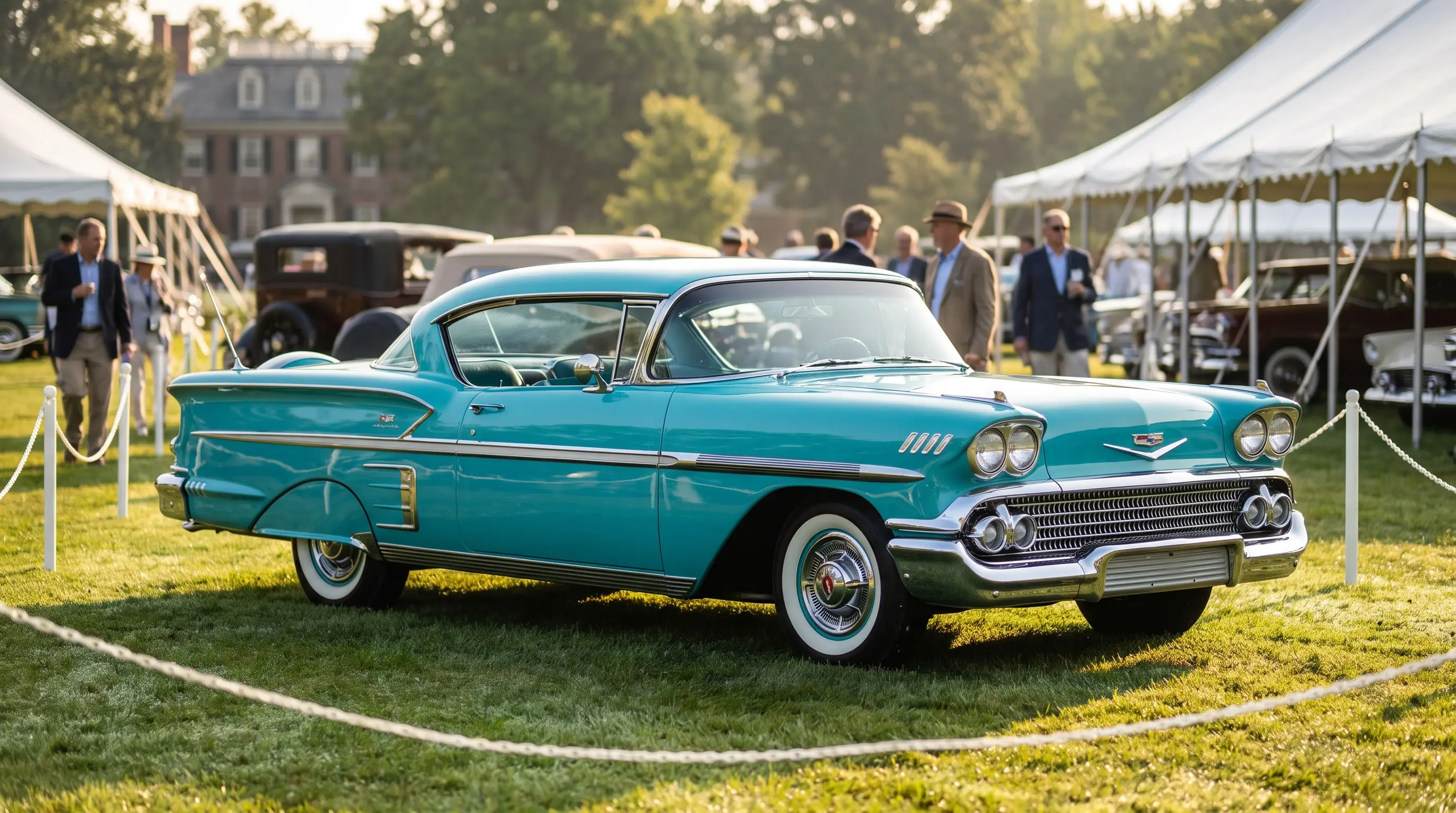 Restored turquoise 1958 Chevrolet Impala Sport Coupe on show field grass at a concours event