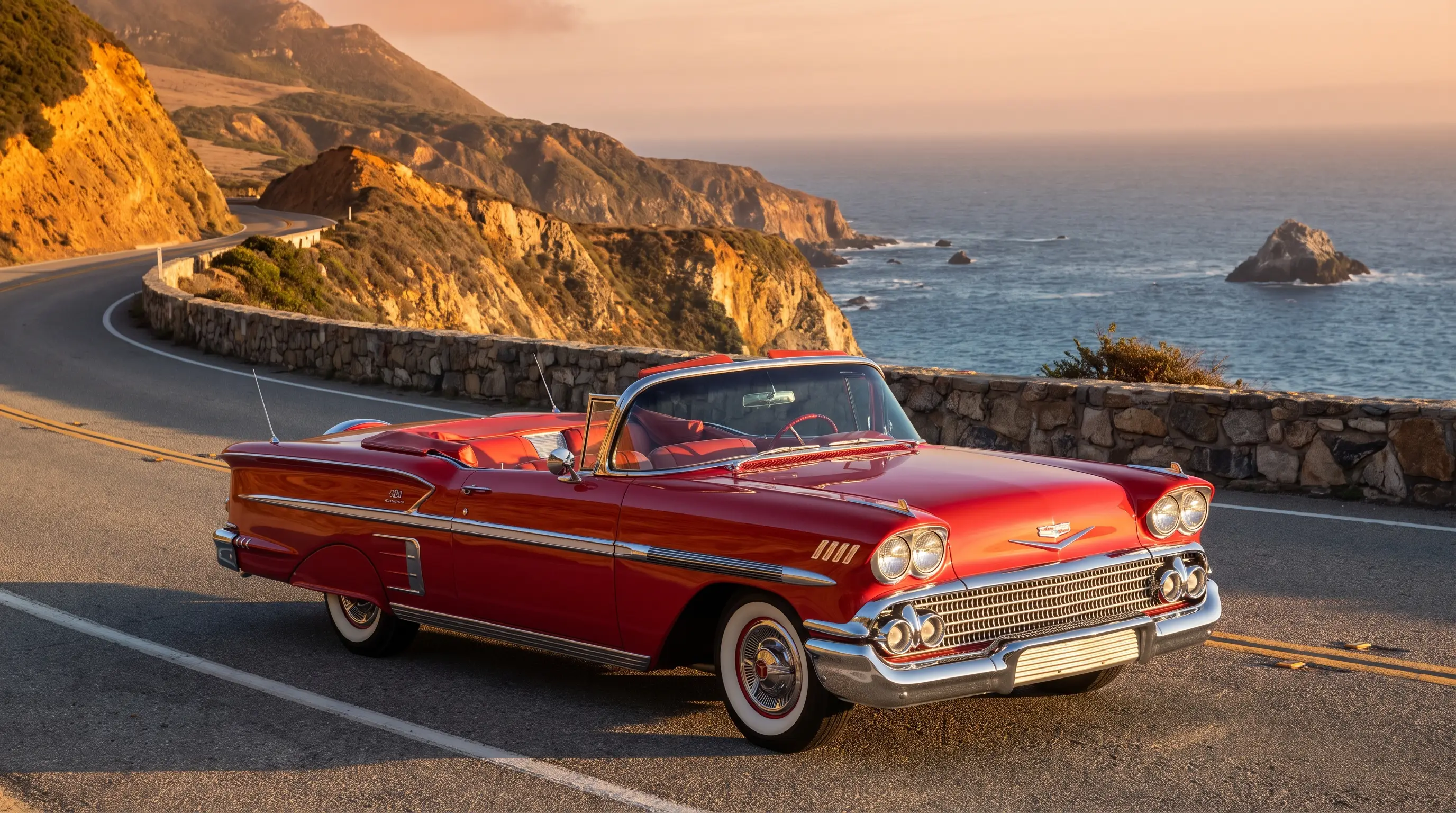Red 1958 Impala convertible with top down on a scenic coastal overlook road