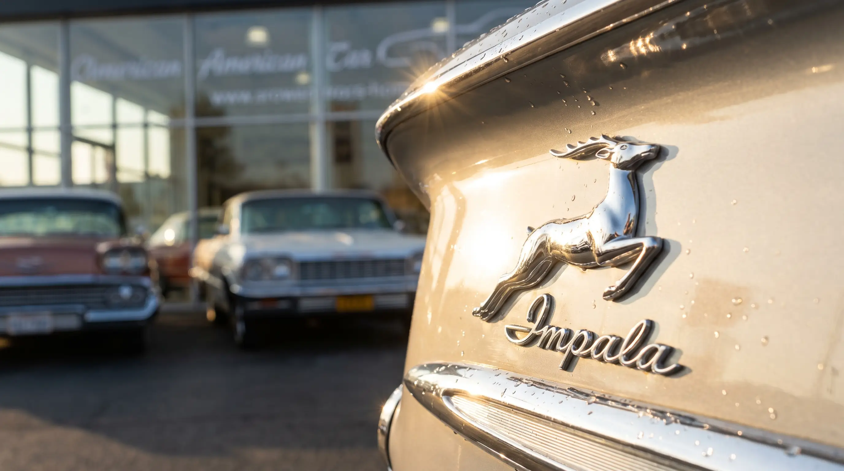 Close up of the chrome leaping antelope emblem on a 1958 Chevrolet Impala rear fender